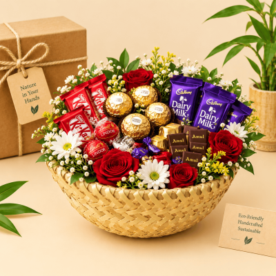 Bamboo Woven Basket – Floral & Chocolate Gift Hamper
